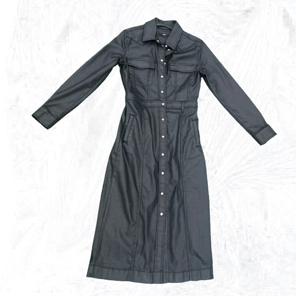 7 For All Mankind Coated Snap-Front Midi Dress Sz L Black Western - Picture 1 of 8